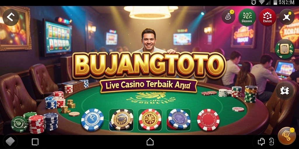Tampilan gameplay BUJANGTOTO dengan dealer langsung dan suasana kasino.