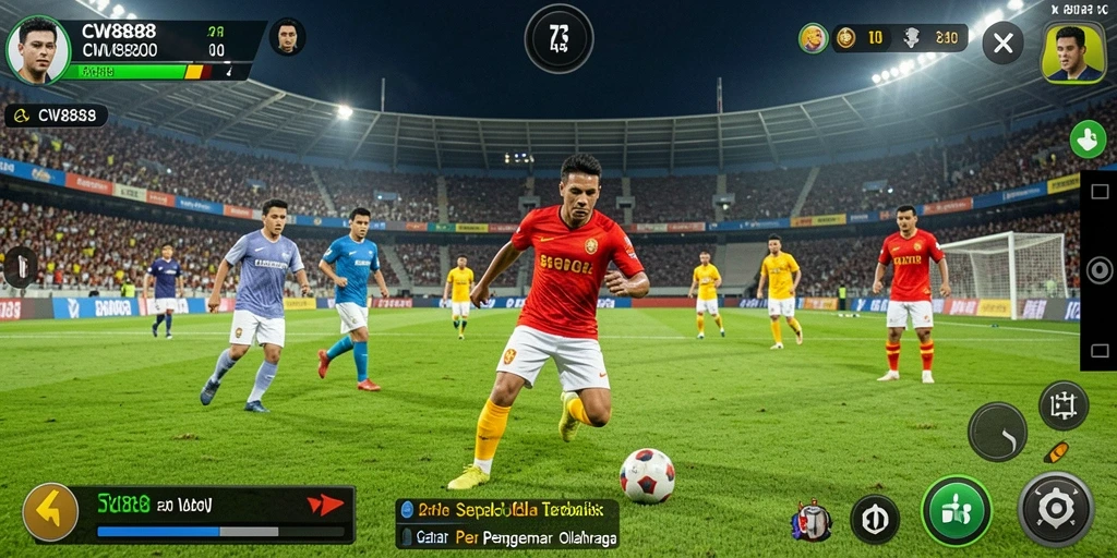 Tampilan gameplay CW8888 dengan aksi sepak bola seru.