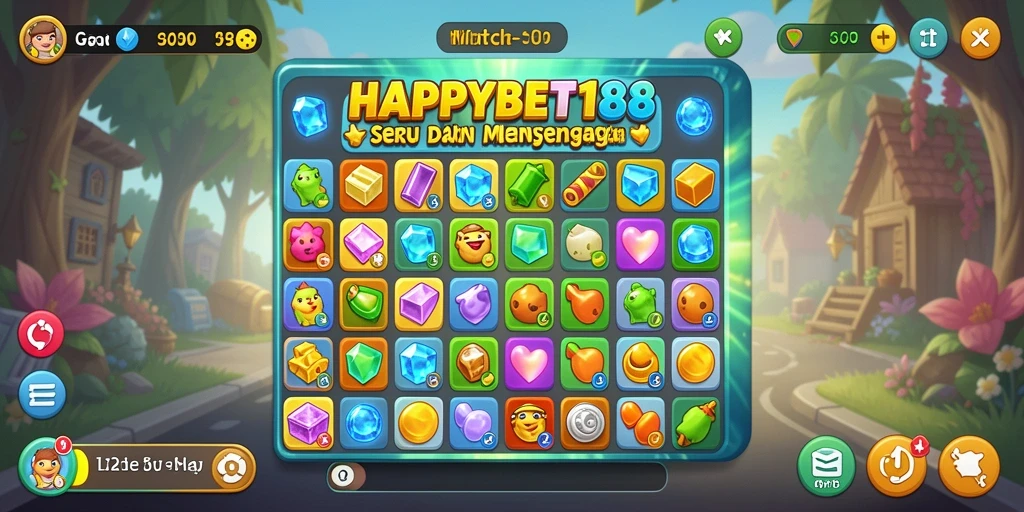 Screenshot utama dari HAPPYBET188 menampilkan gameplay Match-3 yang seru.