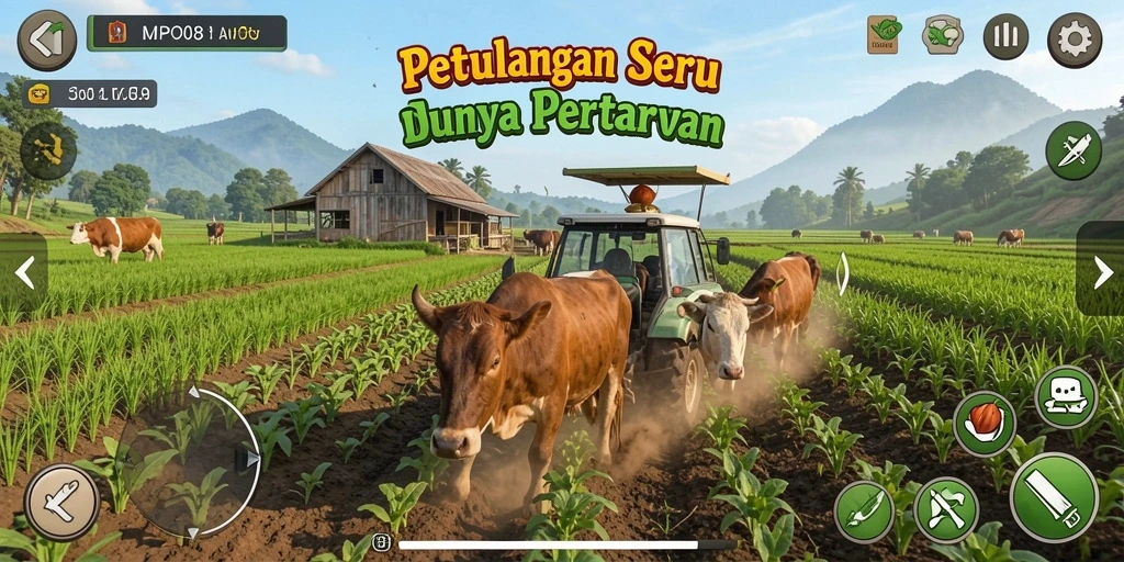 Tampilkan screenshot gameplay seru MPO08 dengan pertanian aktif.