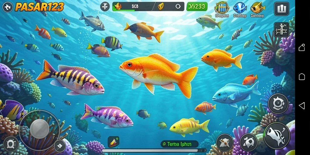 Tampilan gameplay PASAR123 yang menarik dengan banyak ikan yang bisa ditangkap.