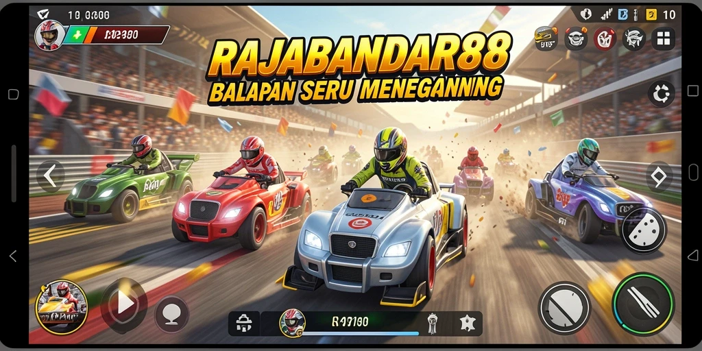 Screenshot utama menunjukan gameplay seru dalam balapan RAJABANDAR88.